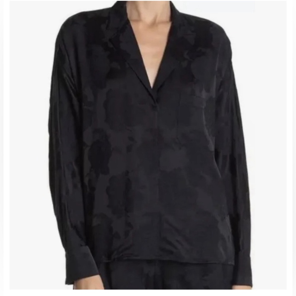 Vince Navy Satin Jacquard High Low Pullover Blouse